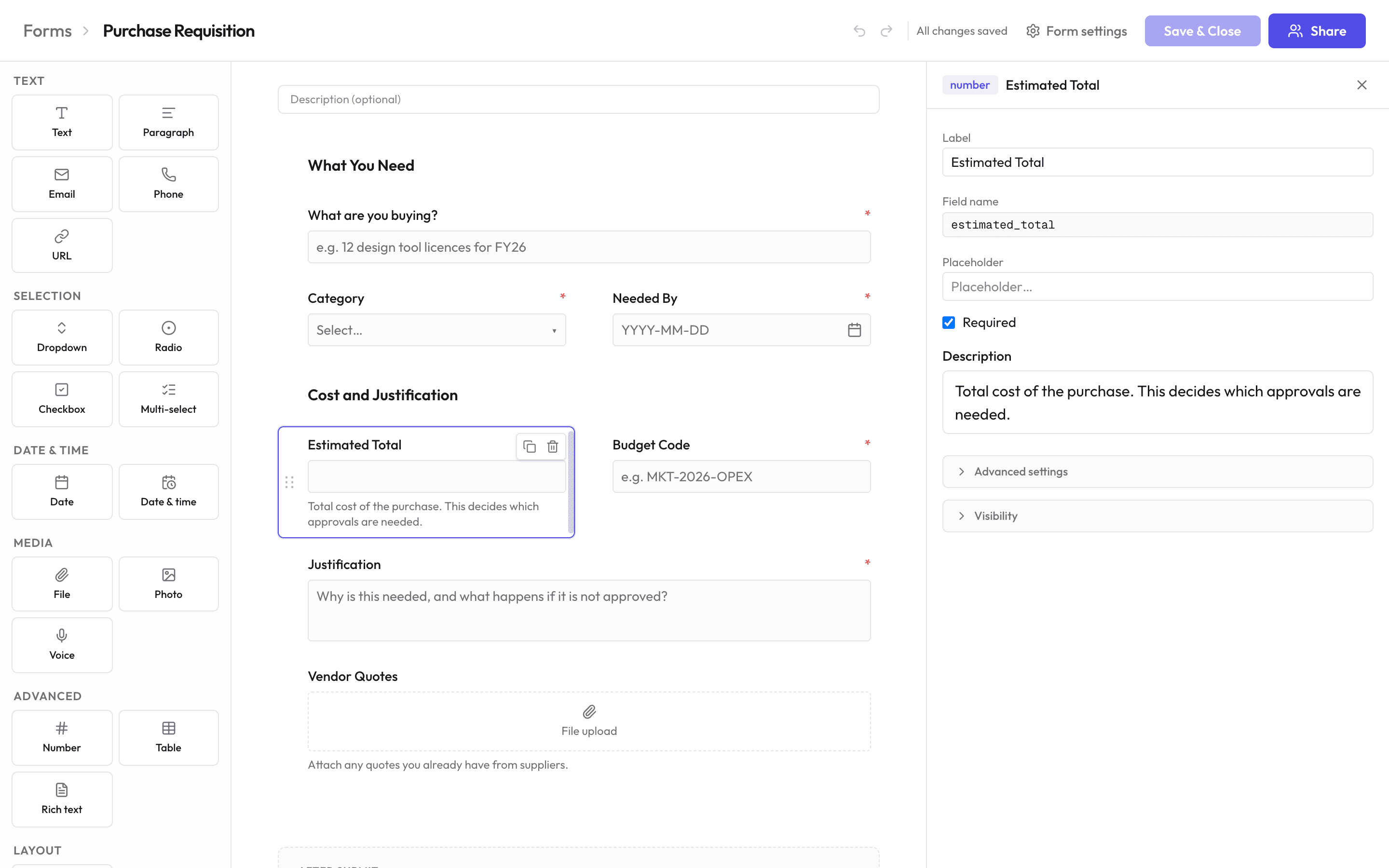 The stepbase form builder, with the field palette on the left and a purchase request form on the canvas